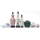 Japanese and Chinese ceramics including three table lamps and green glazed ginger jar, the largest