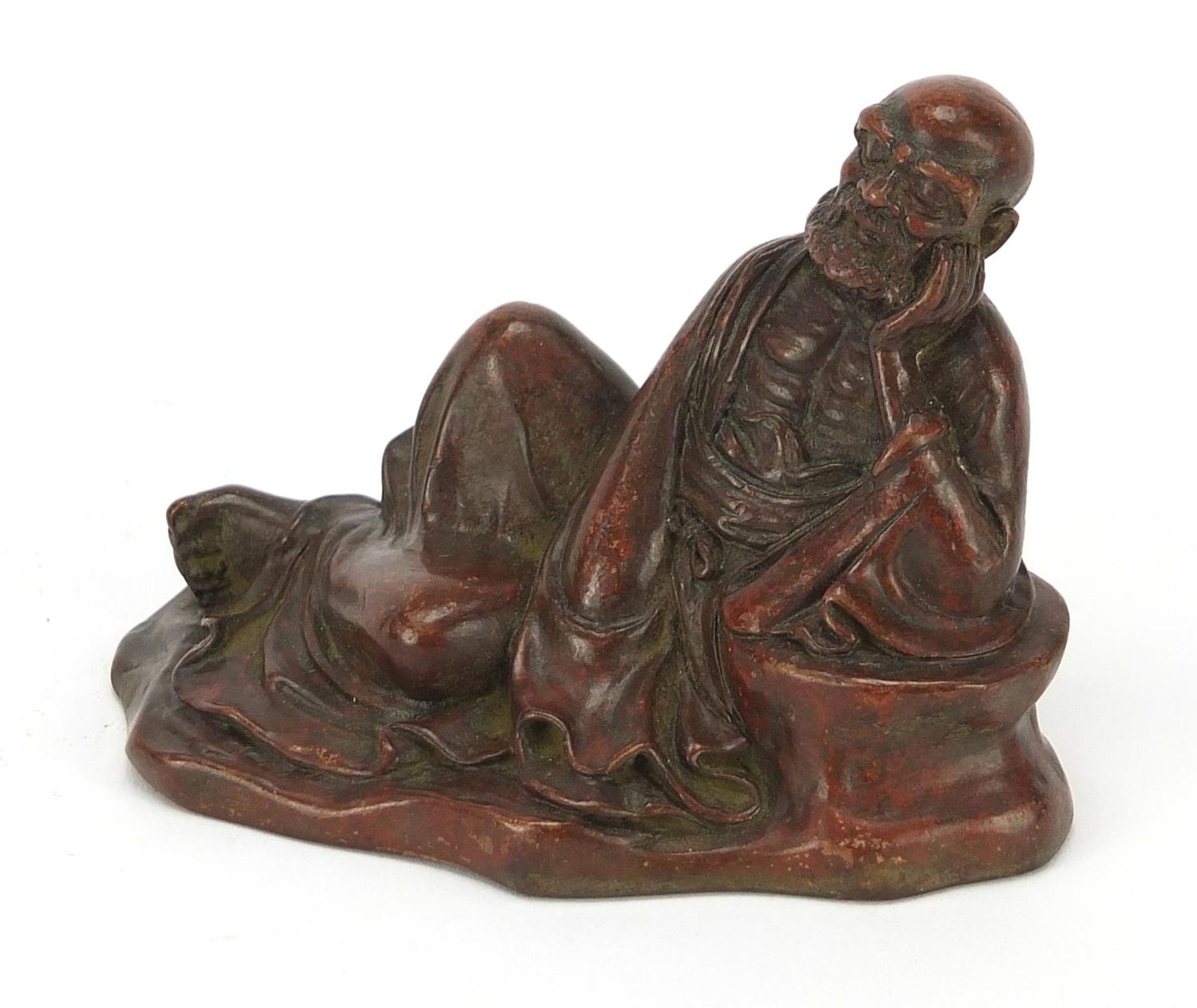 Japanese patinated bronze figure of an immortal, character marks to the base, 8cm wide : For Further