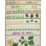 Vintage alphabet sampler by Olive Windsor, aged 12, 1915, details verso, mounted, framed and glazed,