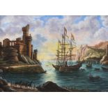 Boats on water beside a castle, oleograph, housed in an ornate gilt frame, 16cm x 11cm excluding the