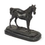 After Pierre Jules Mene, French patinated bronze sculpture of a stallion raised on a shaped marble