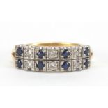 Art Deco design 18ct gold diamond and sapphire two row half eternity ring, size N, 4.0g : For