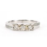9ct white gold diamond three stone ring with diamond set shoulders, size Q, 3.5g : For Further