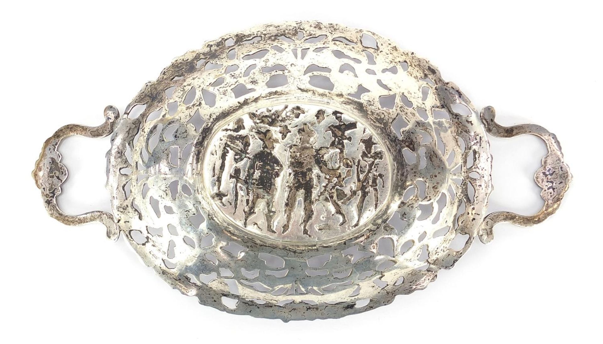 Continental oval pierced silver coloured metal twin handled bonbon dish embossed with cavaliers, - Image 10 of 10