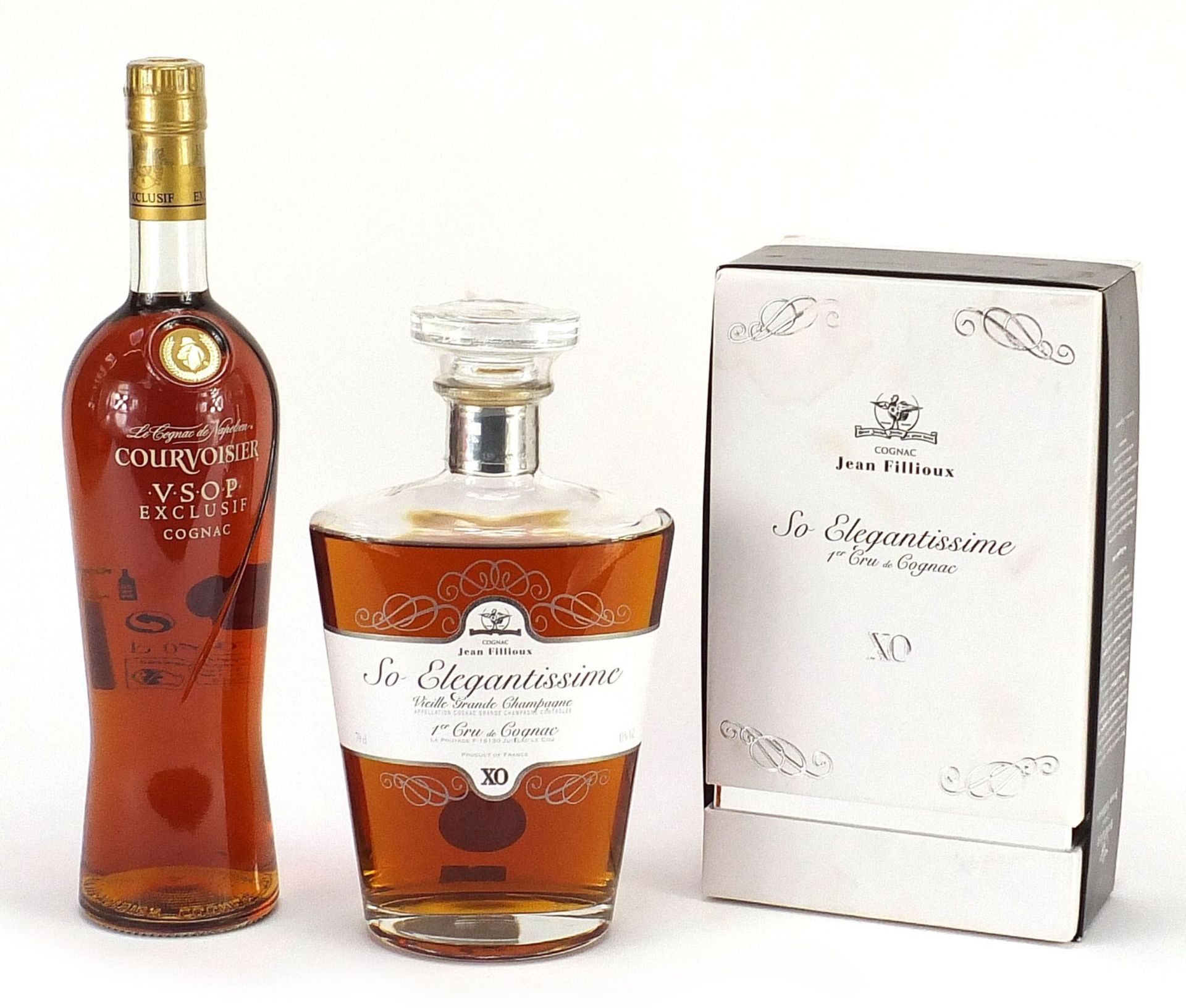 Two bottles of cognac comprising Courvoisier VSOP Exclusive and Jean Fillioux So Elegantissima 1er