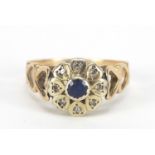 9ct gold sapphire and diamond ring with love heart shoulders, size P, 2.7g : For Further Condition