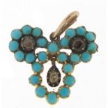 Antique unmarked gold, turquoise and diamond pendant, 2.5cm high, 2.2g : For Further Condition