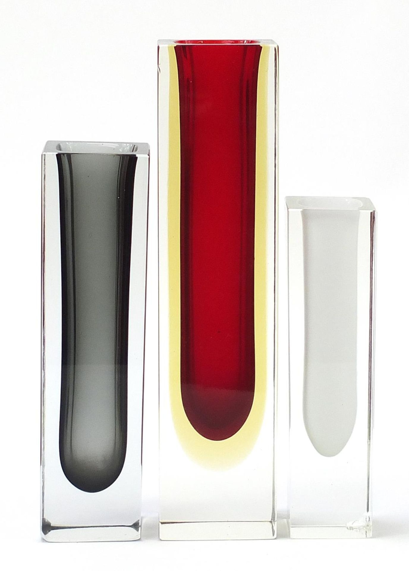 Three Murano Seguso glass vases including a three colour example, the largest 30.5cm high : For