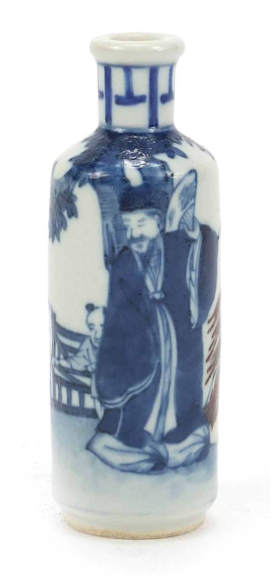 Chinese blue and white with iron red porcelain snuff bottle hand painted with figures in a