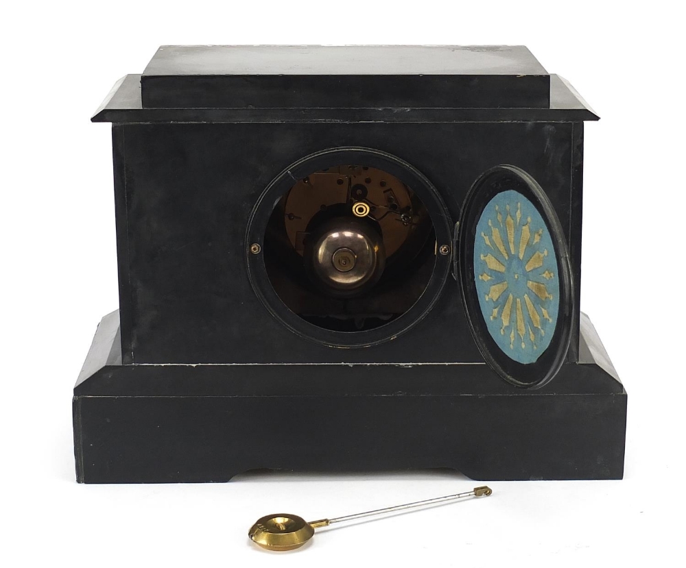 Victorian black slate and marble mantle clock striking on a bell with enamelled chapter ring - Image 5 of 7