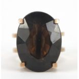 Large 14ct gold smoky quartz ring, the stone approximately 23mm x 17mm x 11mm deep, size P, 12.
