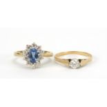 Two 9ct gold rings set with blue and clear stones, sizes P and M, 5.2g : For Further Condition