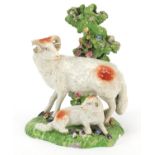 18th century hand painted group of a ewe and lamb, possibly Derby, 14cm high : For Further Condition