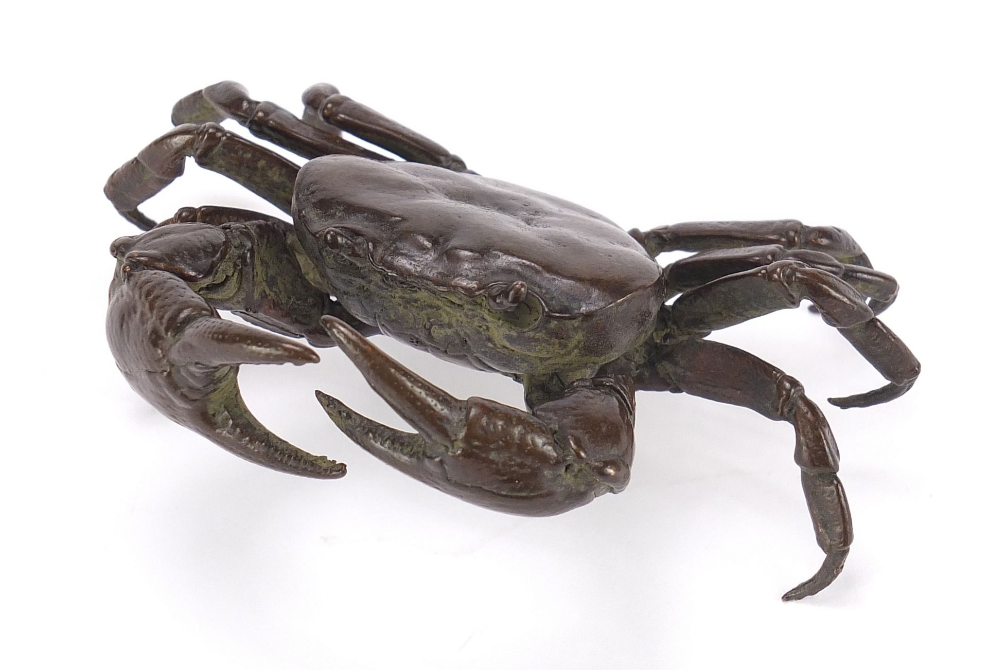 Large Japanese patinated bronze crab, impressed marks to the underside, 10cm wide : For Further