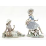 Two Lladro figurines of girls with flowers and a puppy, the largest 26.5cm high : For Further