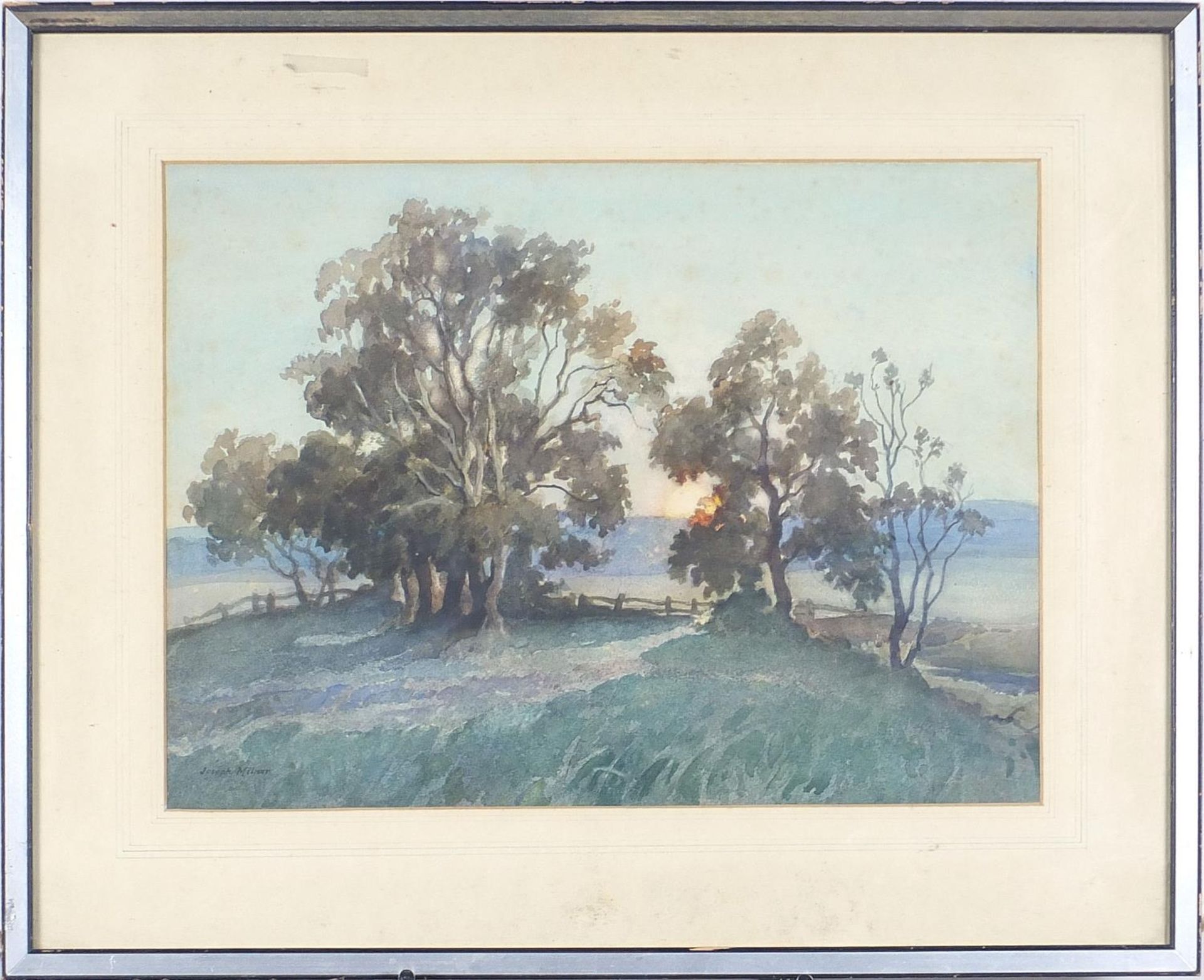 Joseph Milner - Sunset near Amersham, Buckinghamshire, mid 20th century watercolour, mounted, framed - Image 2 of 6