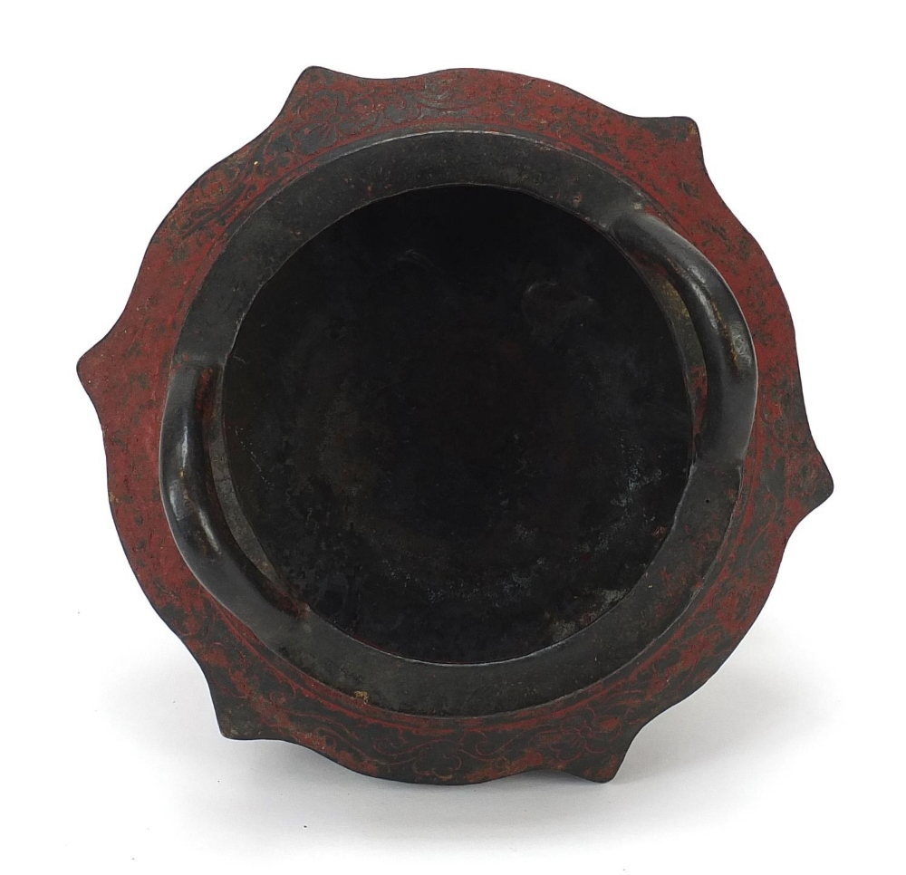 Chinese bronze tripod censer with twin handles, four figure character marks to the base, 16.5cm wide - Image 5 of 7