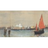 Venetian canal with boats before buildings, watercolour, signed M C Pollock, mounted, framed and