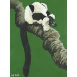 Sally Michel SWLA - Black and white ruffed lemur, signed gouache, exhibition label verso, mounted,