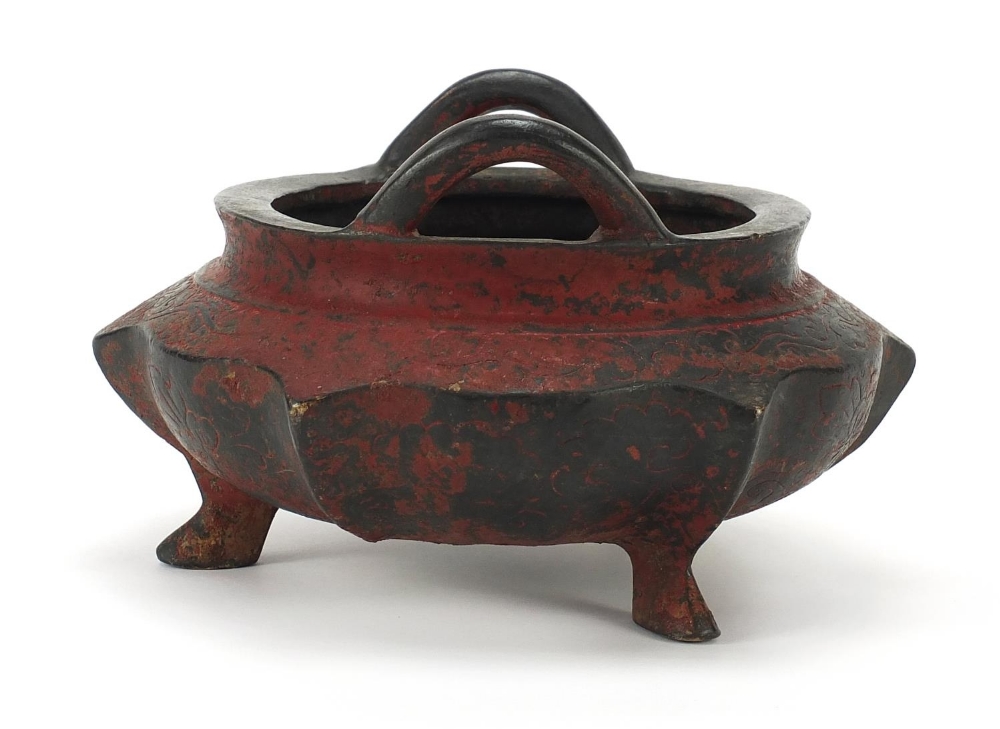 Chinese bronze tripod censer with twin handles, four figure character marks to the base, 16.5cm wide - Image 4 of 7