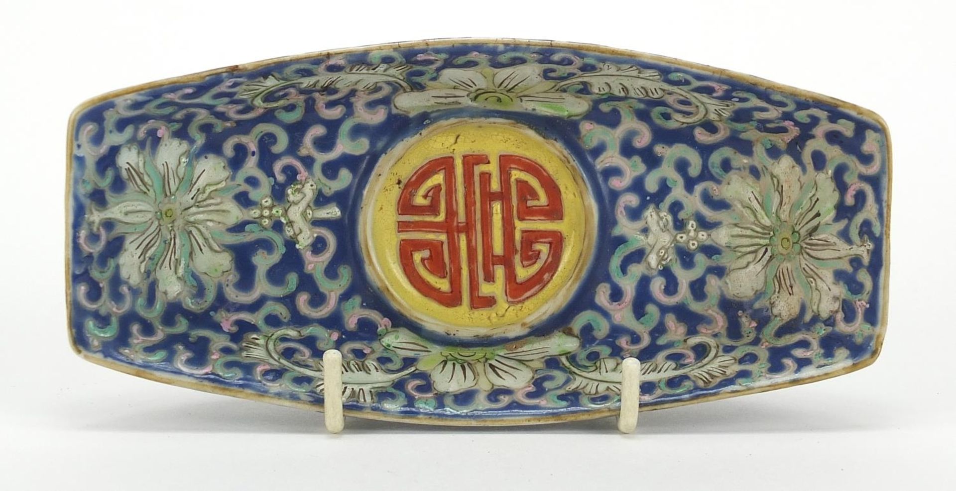 Chinese porcelain blue ground saucer hand painted with flowers, 15.5cm in length : For Further - Image 6 of 8