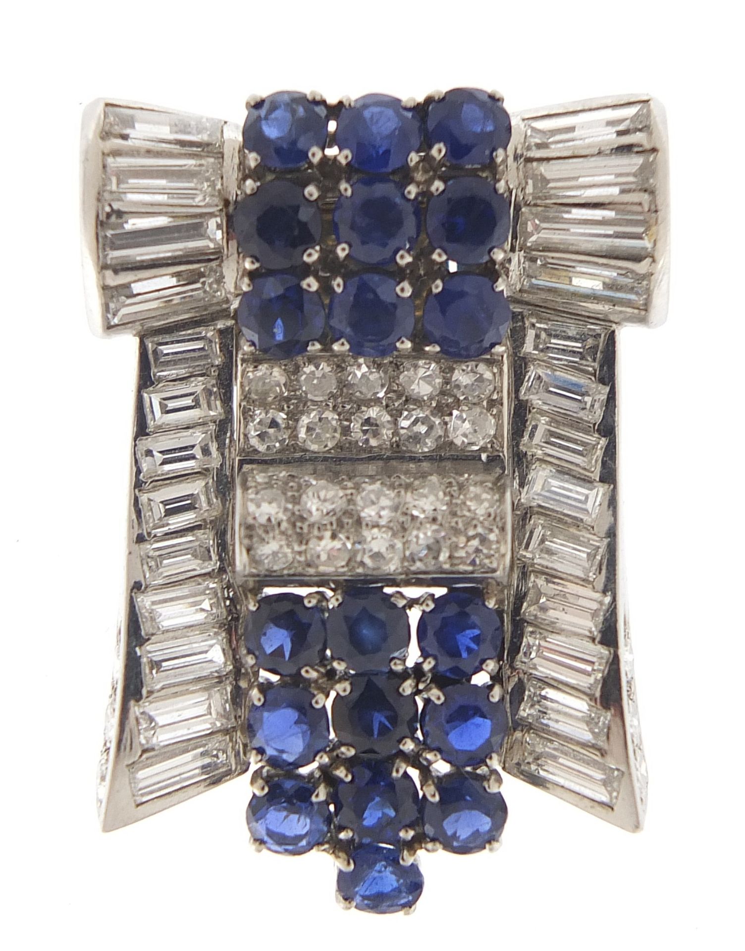 Good Art Deco diamond and sapphire three piece scarf clip brooch, A & M maker's mark, 6cm wide, 32. - Image 11 of 21