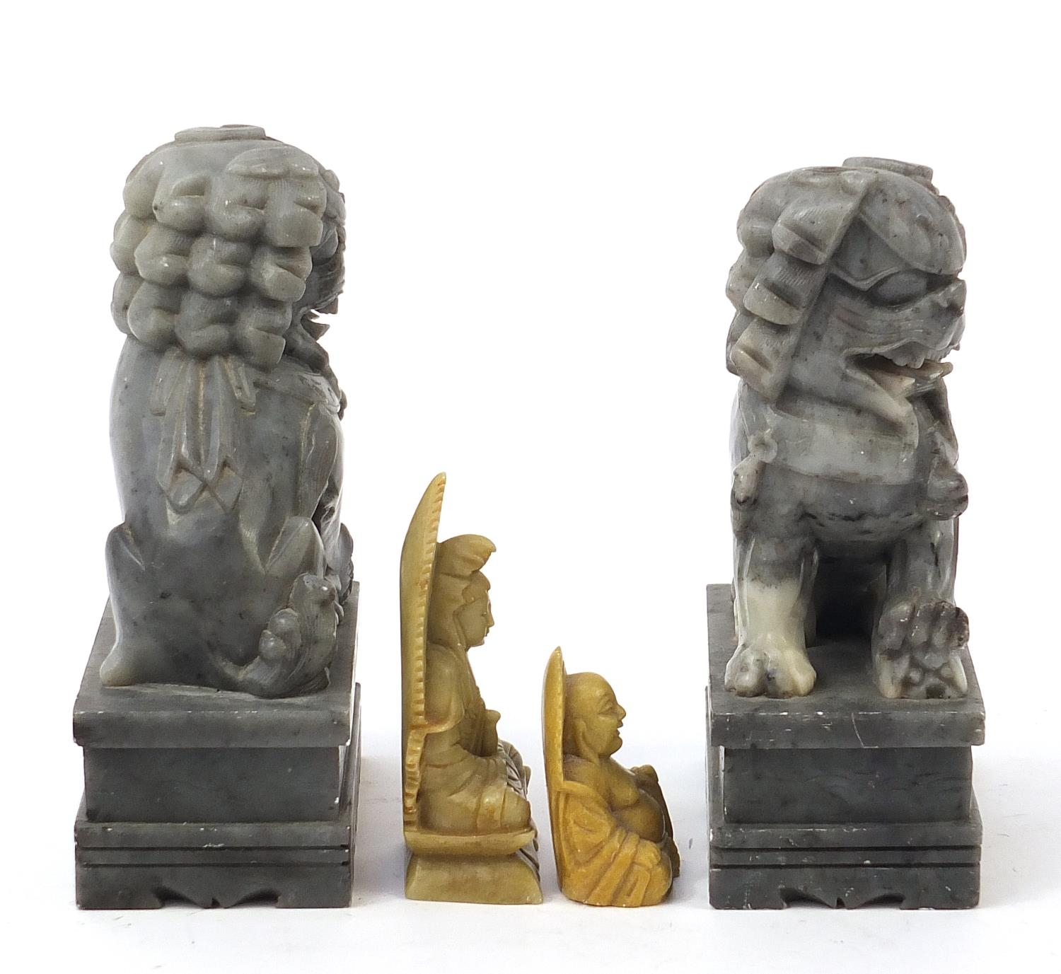 Chinese stone carvings including a pair of Foo dogs and a Buddha, the largest each 18cm high : For - Image 6 of 8