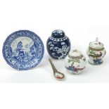 Chinese porcelain including a blue and white ginger jar with cover hand painted with prunus flowers,