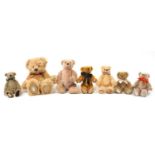 Seven Deans Rag Book teddy bears with jointed limbs, the largest 38cm high : For Further Condition