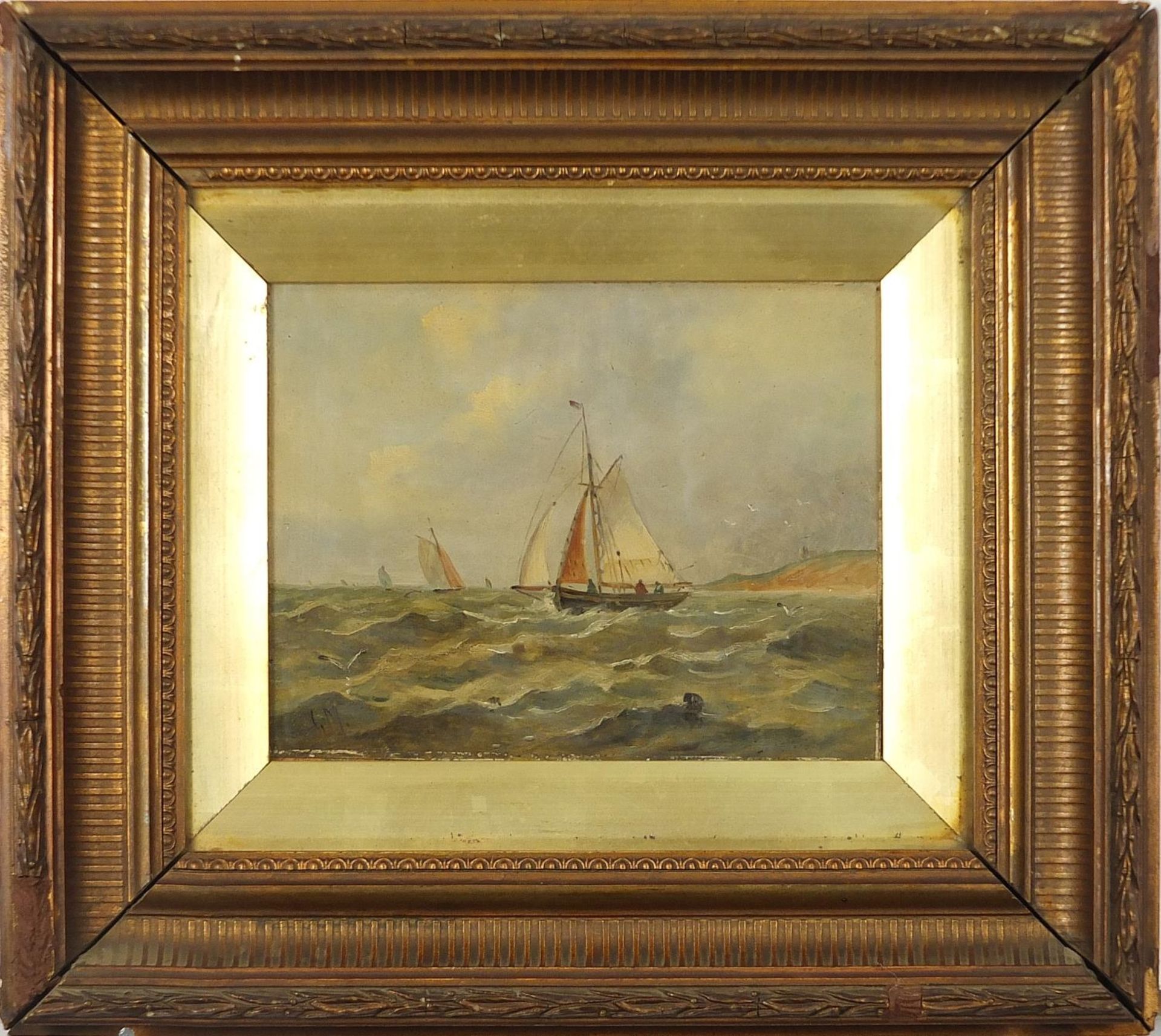 Boats on water, 19th century maritime oil, indistinctly monogrammed, possibly G M, mounted, framed - Image 2 of 4