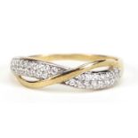 9ct gold cubic zirconia half eternity crossover ring, size O, 1.4g : For Further Condition Reports