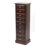 Tall mahogany nine drawer chest with brass handles, 129.5cm H x 42cm W x 32cm D : For Further