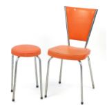 1970's metal framed chair and stool with orange leatherette upholstery, the chair 84cm high : For