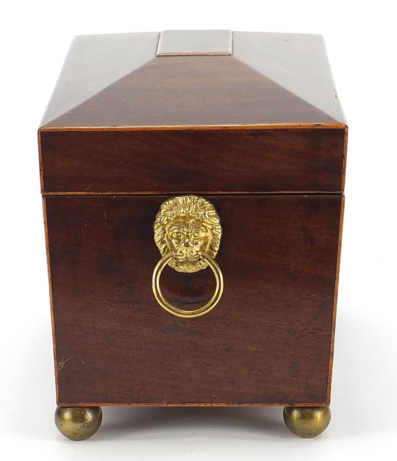 Victorian mahogany sarcophagus shaped tea caddy with ring turned lion head handles and fitted - Bild 7 aus 8