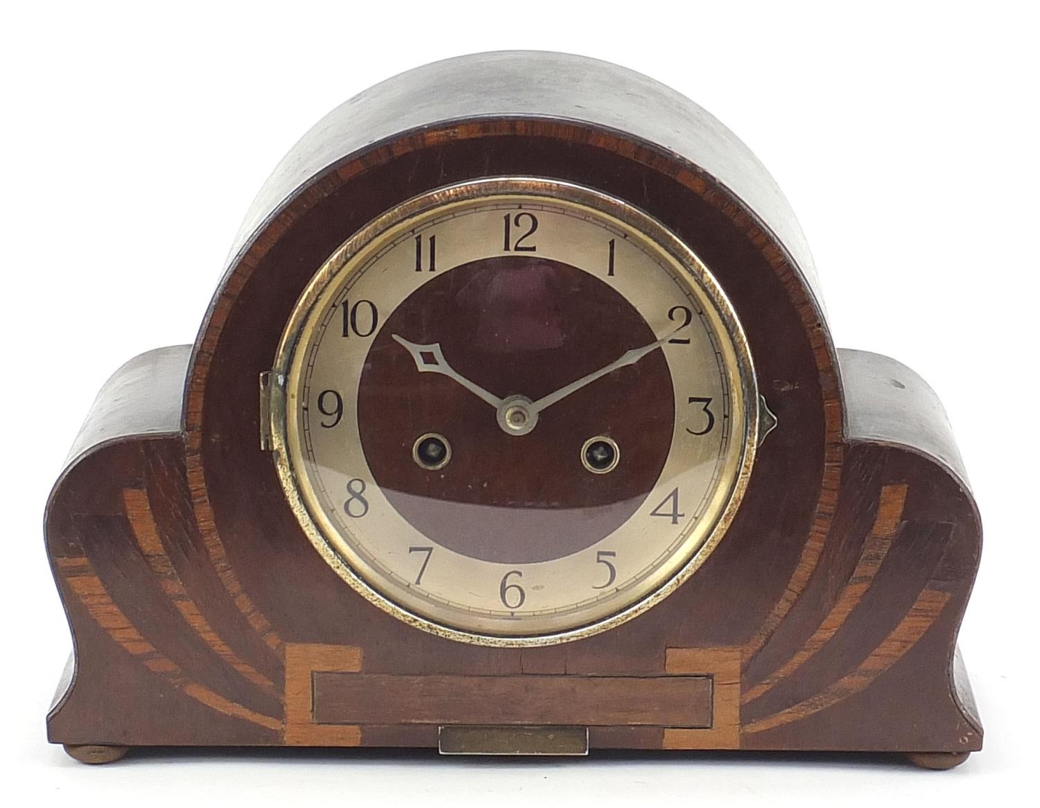 Art Deco inlaid fan shaped chiming mantle clock with Arabic numerals, 32cm wide : For Further - Image 2 of 9