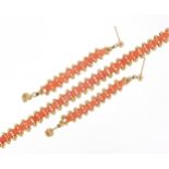 14ct gold and pink coral necklace with matching earrings, the necklace 40cm in length, total 13.8g :