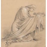Gottie Meacham - Lady with religious offering, 19h century signed pencil drawing, mounted, framed