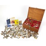 Antique and later British and world coinage, some silver, arranged in a box with lift out lid,