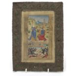 Antique illuminated manuscript hand painted with a King and battle scene onto vellum, dated 1532