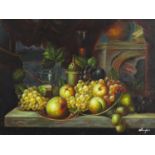 Still life fruit and vessels, Old Master style oil on board, mounted and framed, 39.5cm x 29.5cm