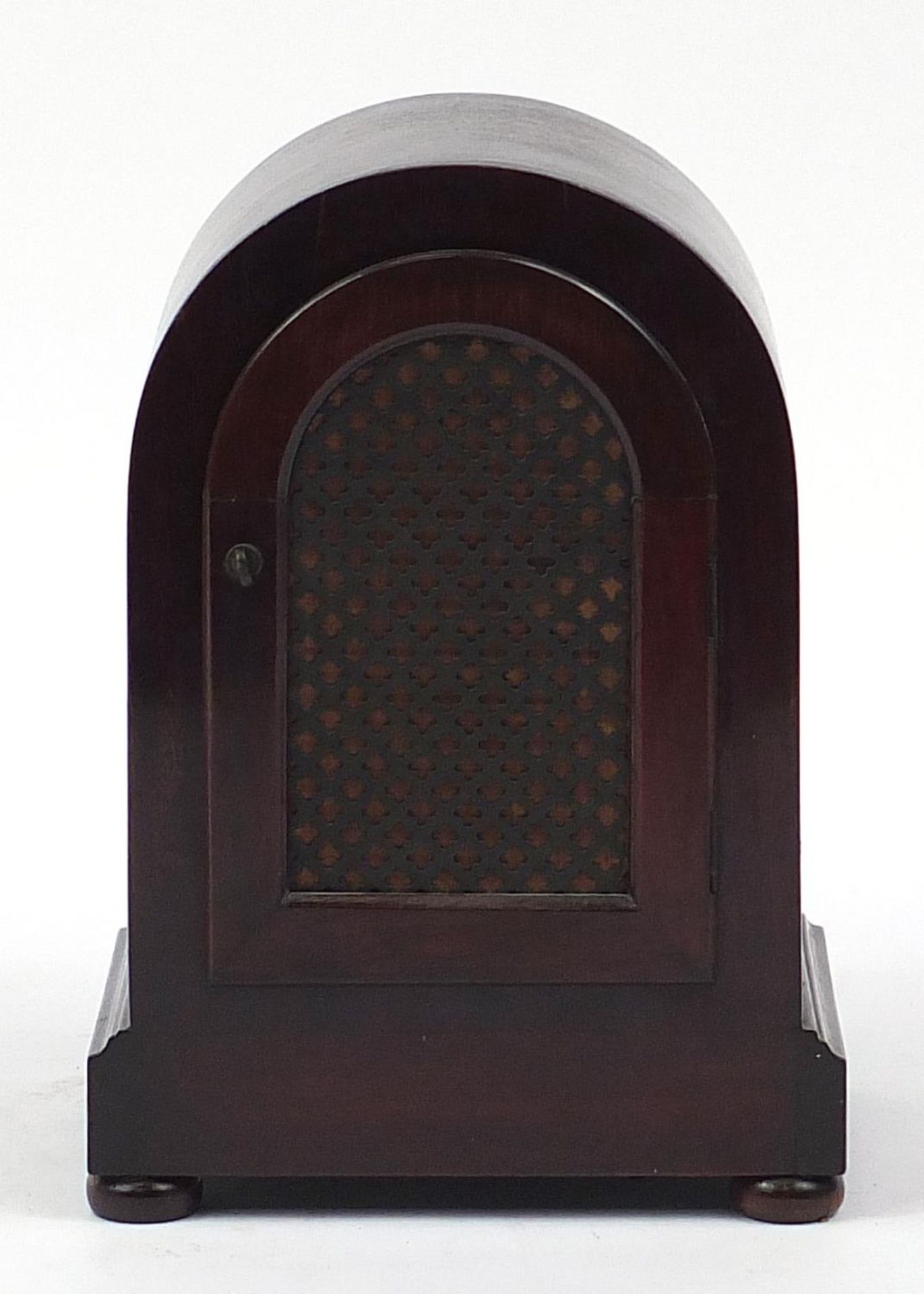 Edwardian inlaid mahogany and amboyna dome top mantle clock striking on a gong, 26cm high : For - Image 6 of 10