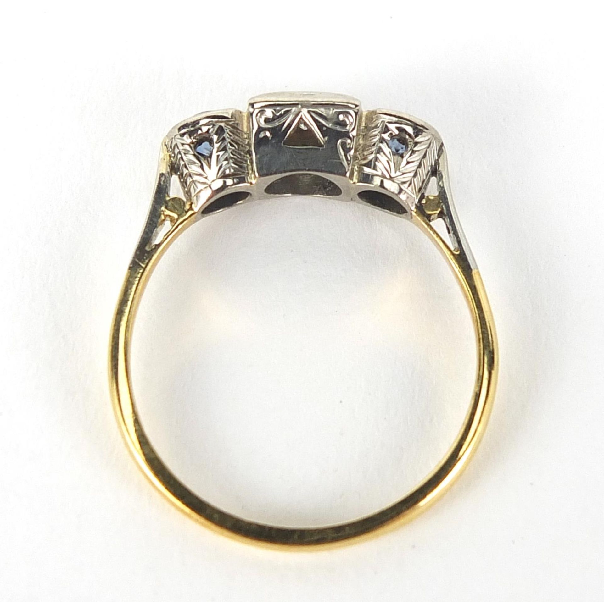 Art Deco 18ct gold and platinum diamond and sapphire three stone ring, size O, 3.3g : For Further - Image 6 of 6