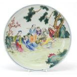 Chinese porcelain shallow dish finely hand painted in the famille rose palette with an Emperor and