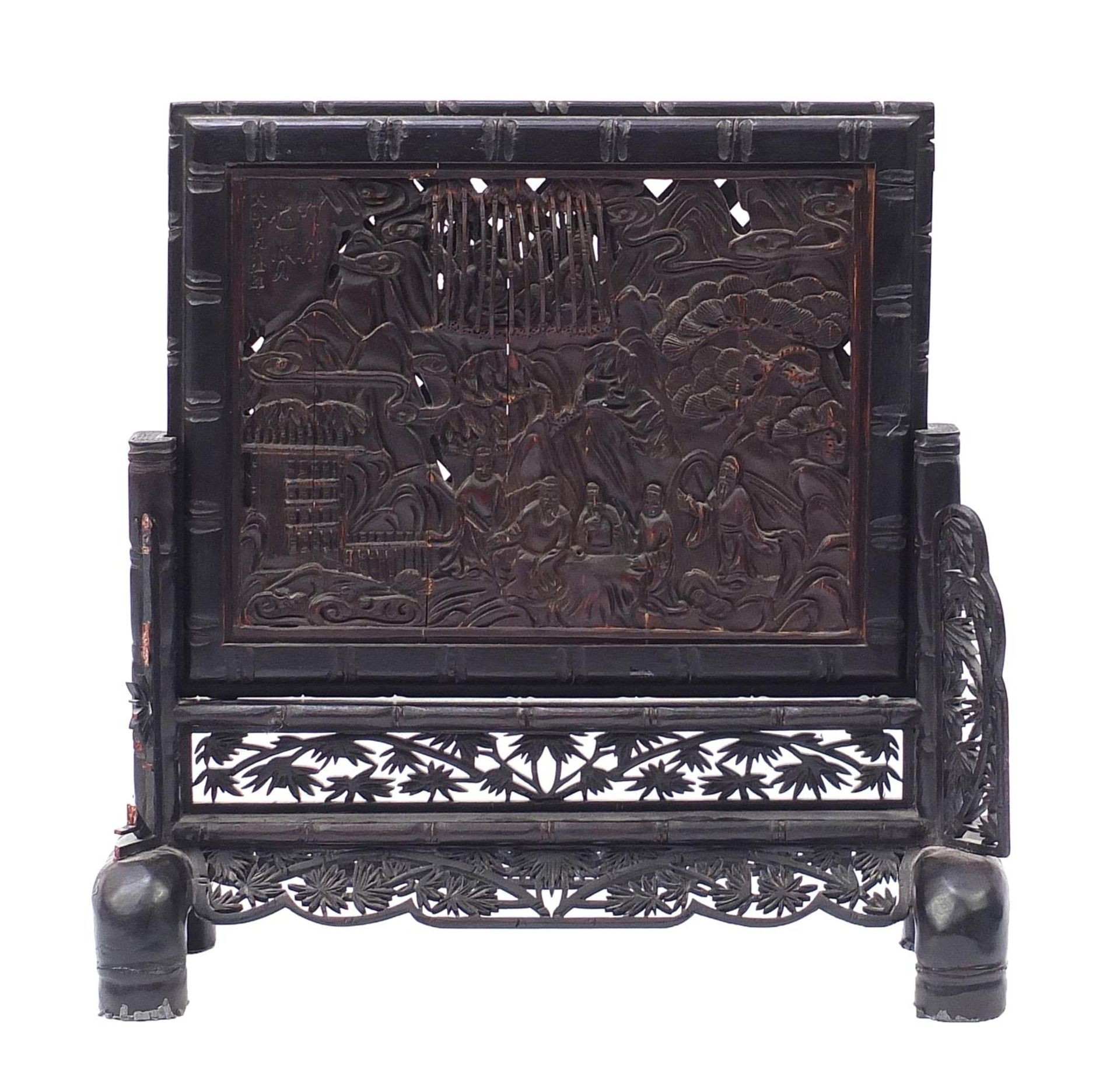 Chinese hardwood table screen profusely carved with figures in a landscape and calligraphy, 37cm - Image 2 of 9