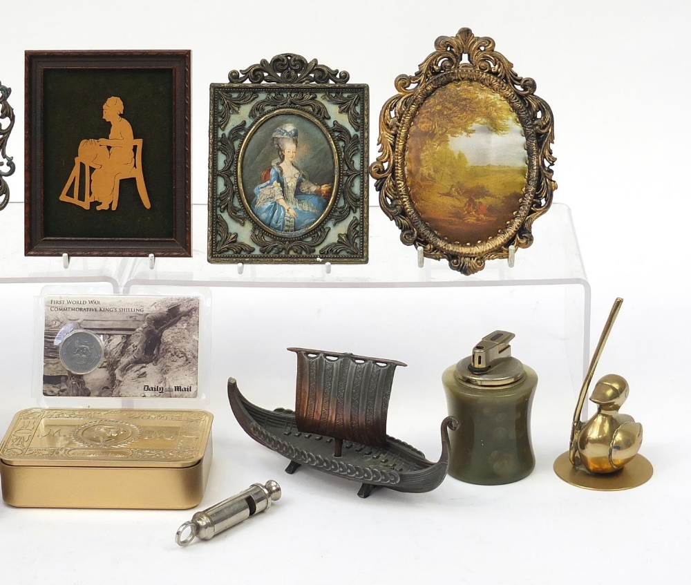 Sundry items including a silhouette of a female, portrait miniatures, specimen desk globe, clocks - Image 3 of 5