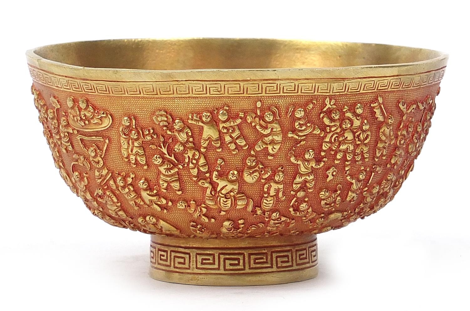 Chinese gilt bronze a thousand children bowl, six figure character marks to the base, 13.5cm in - Image 3 of 8