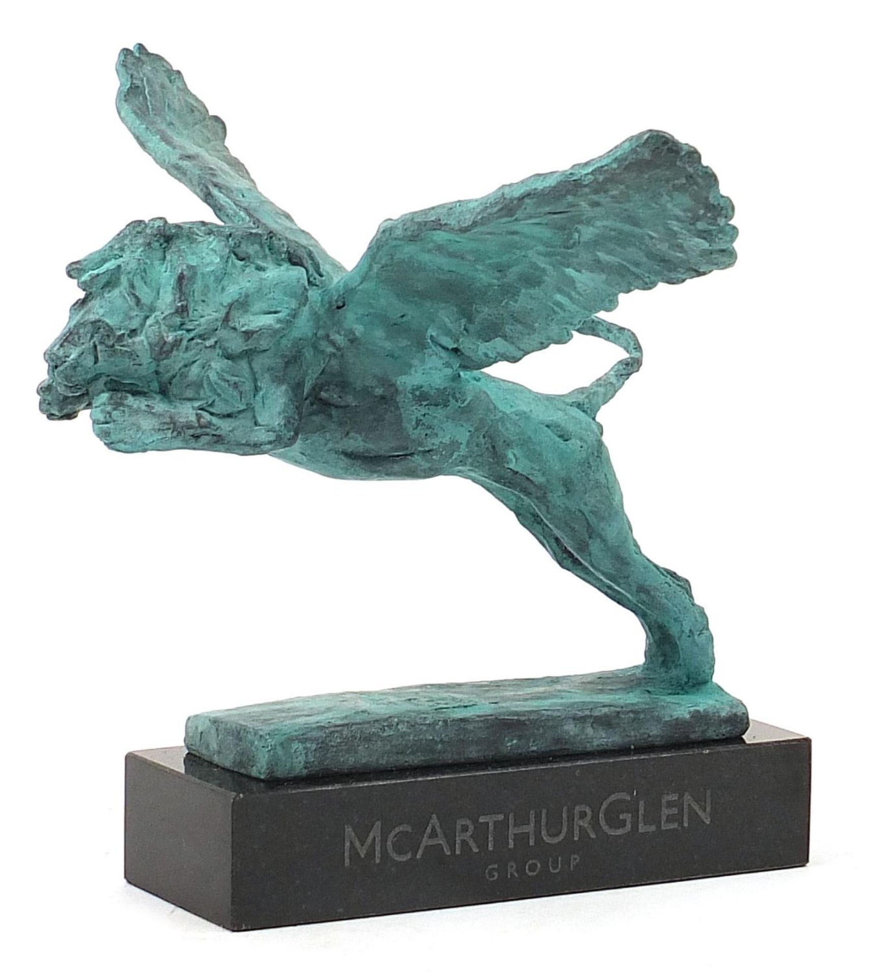 Mark Coreth for McArthur Glen Group, Verdigris bronze study of a winged lion raised on a rectangular - Image 2 of 6