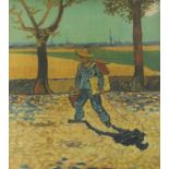 Vincent Van Gogh - Painter on his way to work, vintage print in colour, label verso, mounted and