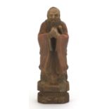 Chinese painted wood carving of a robed Elder, 27.5cm high : For Further Condition Reports Please