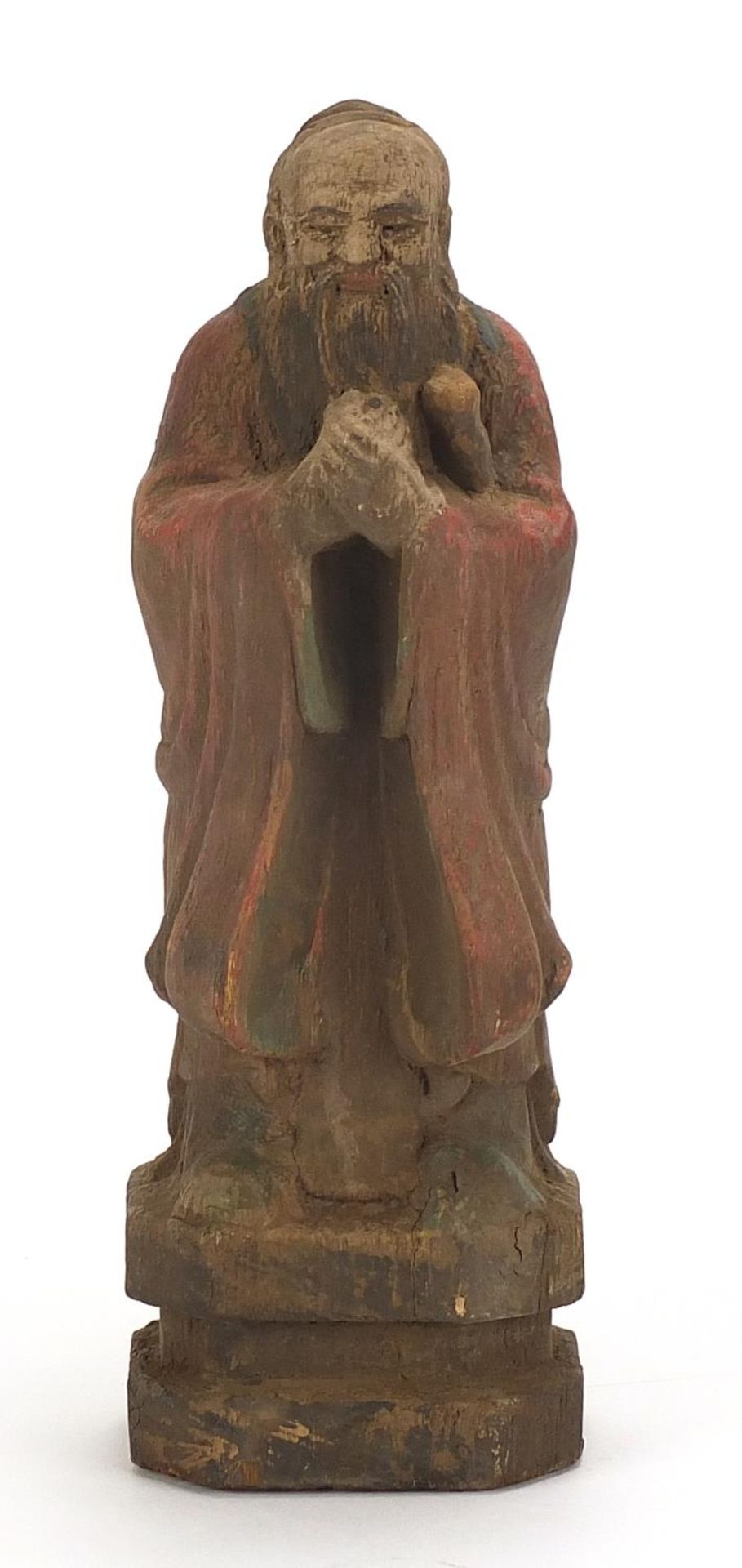 Chinese painted wood carving of a robed Elder, 27.5cm high : For Further Condition Reports Please